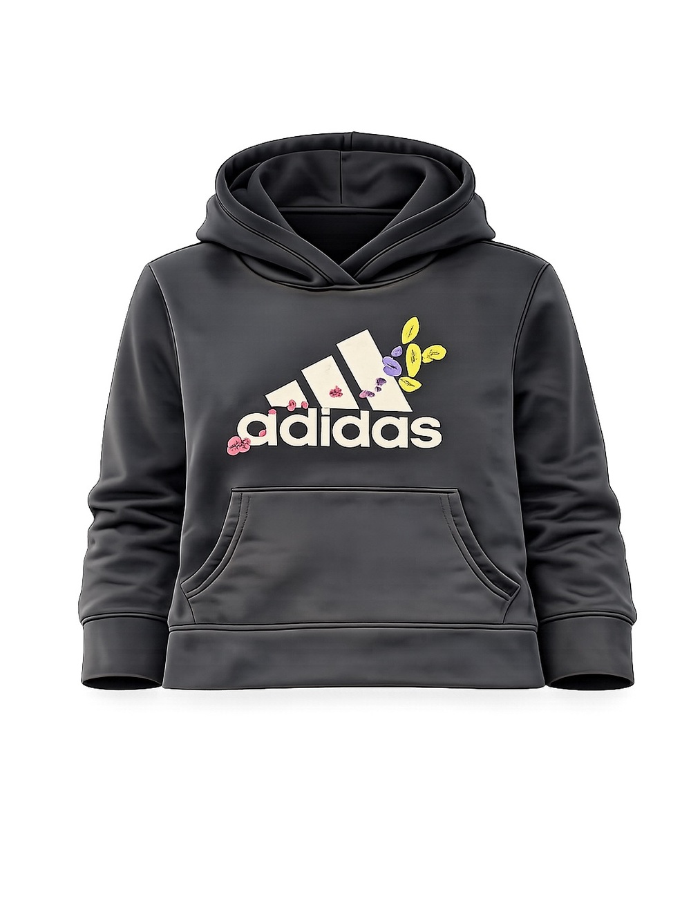 adidas Black Kids Hoodie with Cream Logo and Pink, Purple & Yellow Floral